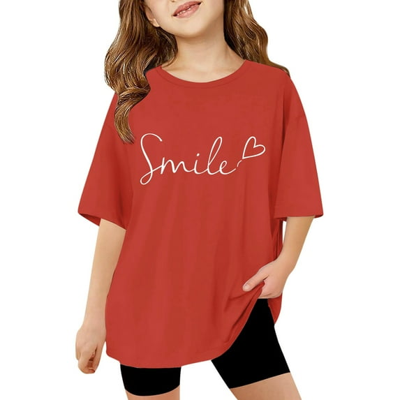 Razzly Little Girls T Shirt for Kid, Alphabet Print Graphic T Shirts Kids Cotton Tshirt Child Basics Tshirt Shirts for Summer Teens(Red,7-8 Years)