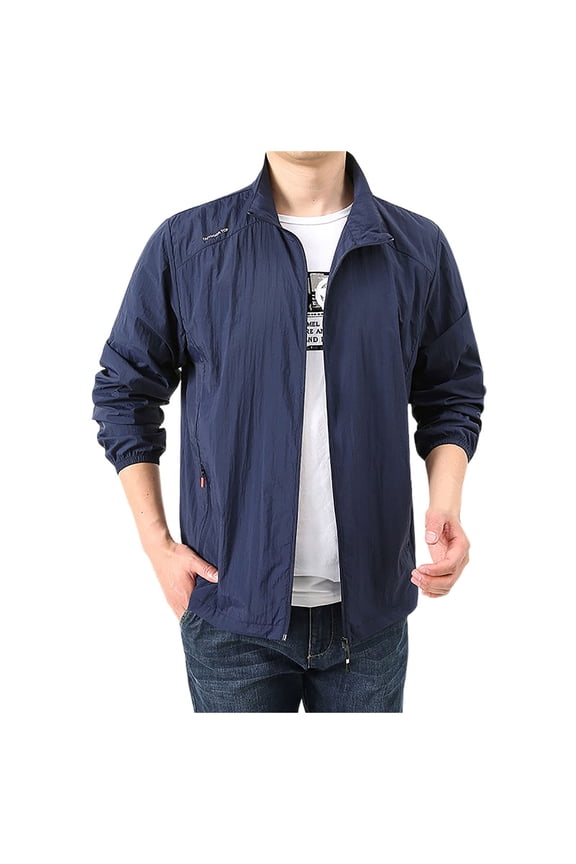 Men's Casual Jackets Breathable Male Solid Color Hoodless Stand Collar Long Sleeve Track Jacket Thin Design for Active(Dark Blue,5XL)