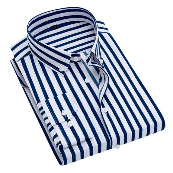 Razzly Men's Casual Long Sleeve Shirt Non Ironing Comfortable Breathable Work Striped Lattice Design Formal Relaxed Fit(Blue,L)
