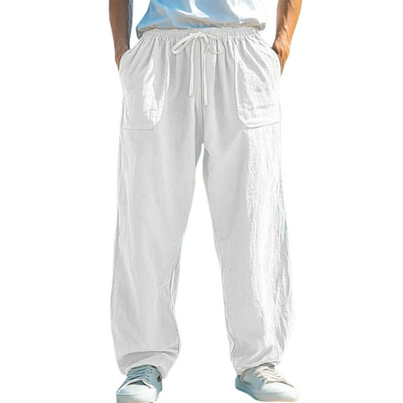 Razzly Men's Casual Pants Comfortable Stretch Relaxed Fit Breathable Lightweight Trousers for Leisure Activities and Daily Wear(White,L)