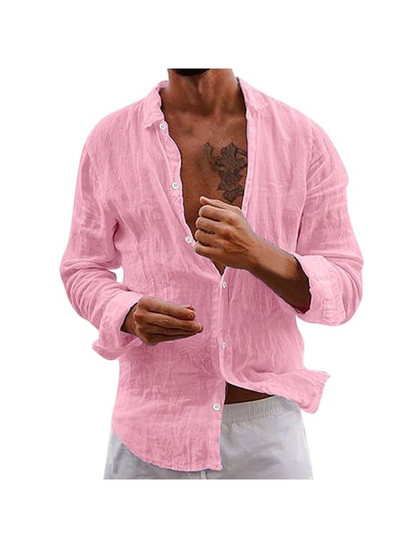 Men's Linen Shirt Ultrathin Breathable Casual Button Down Long Sleeve Comfortable Summer Beach T-Shirt Lightweight Stylish Top(Red,S)