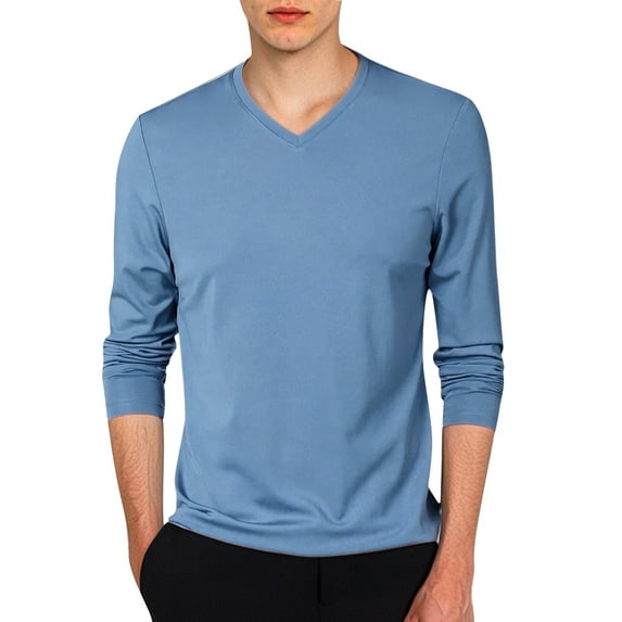 Razzly Men's Slim Fit V Neck Long Sleeve T Shirt Lightweight Casual Layering Top Comfortable Soft Fabric Fall Fashion Basic Tee(Light Blue,L)