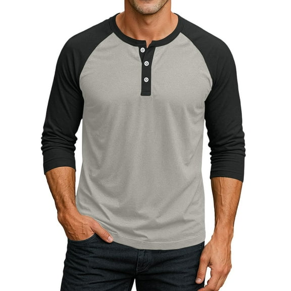 Razzly Men's Stylish Casual Button Up 3/4 Sleeve T Shirt Comfortable Breathable Tee for Everyday Wear Outdoor Activities(Grey,L)
