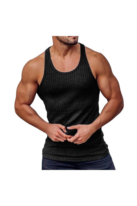Men's Tank Tops Summer Knitted Vertical Stripe Fitness Sports Vest Performance Wear for Active(Black,M)