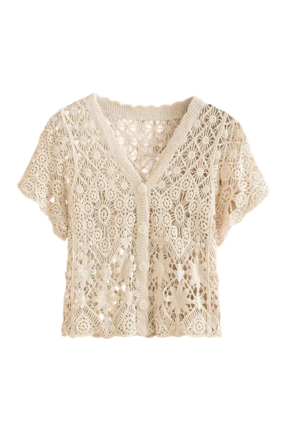 Plus Size Fashion Tops Summer Open Front Lightweight Cardigan Stylish Lace Knit Short Sleeve Casual Wear Top for Women(Beige,2XL)