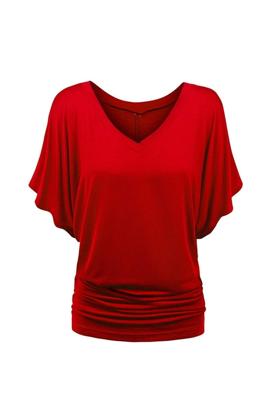 Plus Top V Neck Sleeve Batwing Loose T Shirt Fashion Size Fold Hem Women Solid Plus Size Tops Fancy Women Tops of plus Size plus Size Lace Women plus Size Short Sleeve Tunic Juniors(Red,2XL)