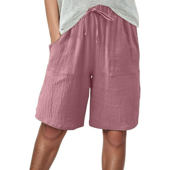 Razzly Shorts For Women Knee Length Linen Wide Leg High Waisted Beach Summer Pants Casual Short Pant on Casual Pants for Women Womens Flax Pants Womens Pants Rompers for Summer Casual Women(Pink,L)