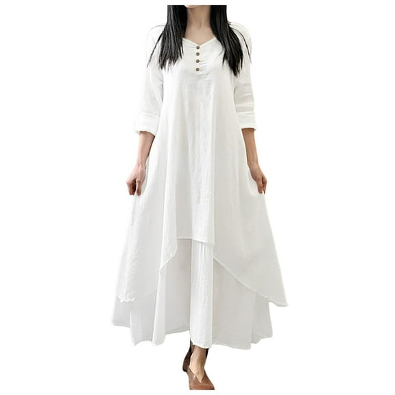Razzly Stylish Ladies Casual Dress - Large Swing Linen Loose Long Sleeved Skirt for Everyday Comfort and Elegant(White,L)