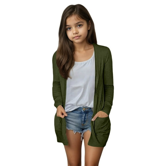 Razzly Teen Girls Stylish Girls Pocket Cardigan Coat Jacket For Casual Wear Soft And Comfortable Outerwear For Every Season For School And Outdoor Activities(Green,13-14 Years)
