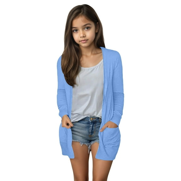 Razzly Teen Girls Summer Lightweight Cardigan Open Front Long Sleeve Casual Comfortable Knit Sweater with Pockets for Daily Wear Age 5-14(Blue,13-14 Years)