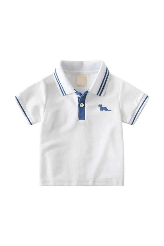 Toddler Pique Polo, Dinosaur Sport Boys Polo Shirts Toddler Tops Short Sleeve with Collar, Front Button Closure Toddler Uniform Shirts(White,1-2 Years)