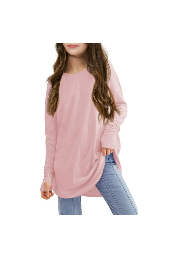 Tween Children Kids Girls Long Sleeve Crew Neck T Shirt Top Casual Loose Solid Color Shirt Blouse Girl Clothes 2t Long Sleeve Tops Girl Long Sleeve Shirts for Kids Long(Pink,11-12 Years)
