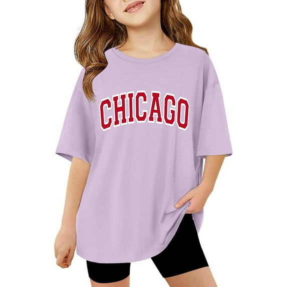 Razzly Tween Girls Graphic Letter Print Short Sleeve T-Shirt Oversized Casual Crewneck Basic Tee for Kids Comfortable Top(Light Purple,11-12 Years)