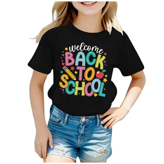 Razzly Tween Kids Back To School Graphic Tee Short Sleeve Round Neck Soft Comfortable Top For Girls Playful Everyday Casual Outfit(Black,10-11 Years)