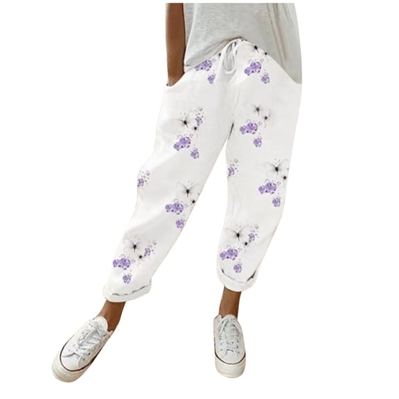 Razzly Women Fashion Print Casual Pocket Wide Leg Pants Elastic Waist Loose Ankle Length Trousers plus Size Hiking Pants Women Pant Suits for Women Business Casual Casual Pant Suits for(White,2XL)