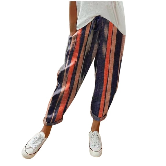 Razzly Women Fashion Print Casual Pocket Wide Leg Pants Elastic Waist Loose Ankle Length Trousers plus Size Hiking Pants Women Pant Suits for Women Business Casual Casual Pant Suits for(Navy,XL)