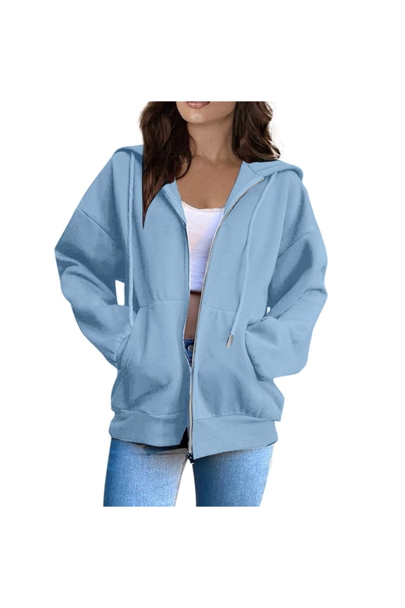 Women Fashion Solid Loose Hooded Zipper Hoodie Long Sleeve Jacket Women Hoodie Cute Sweatshirts Hoodie with Zip Knitted Hoodie Sweater for Women Large Hooded Hoodie Women Fall Hoodies(Blue,S)