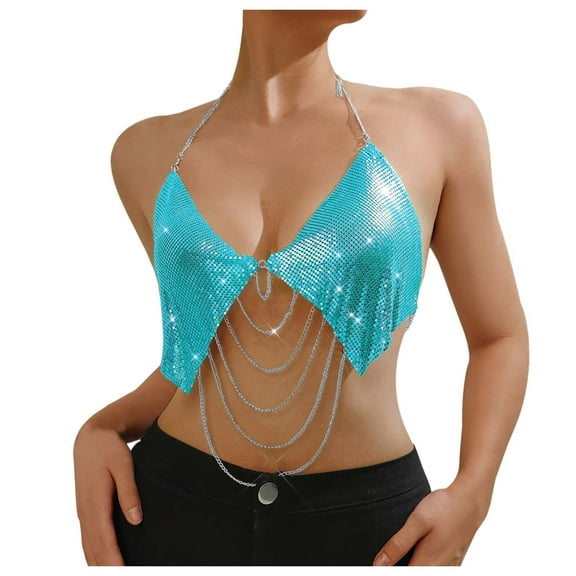 Razzly Women' Metal Rhinestone Camisole Elegant Evening Wear Sleeveless Party Top(Blue,M)