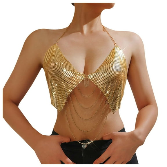 Razzly Women' Metal Rhinestone Camisole Elegant Evening Wear Sleeveless Party Top(Gold,XS)