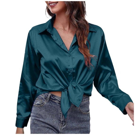 Razzly Women Shirts Women's Blouse Satin Silk Button Down Casual Loose Long Sleeve Work Long Edition Blouse(Dark Green,XL)
