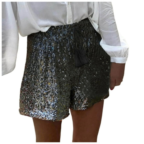Razzly Women Summer Sequin Shorts High Waist Casual Loose A Line Hot Pants Sparkly Clubwear Night Out Shorts under Skirts Shorts for Women Womens Christmas Pajama Shorts Plaid Skirts for(Black,M)