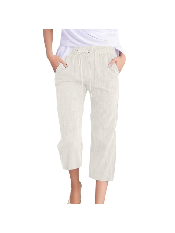 Women's Casual 7/8 Pants Solid Plain Weave Breathable Comfortable Lightweight Trousers for Everyday Wear(Beige,M)