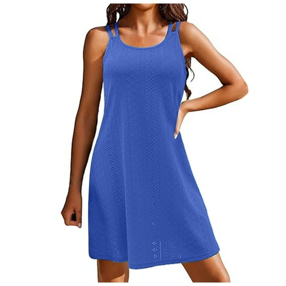 Razzly Women's Casual Dress Spaghetti Strap Eyelet Embroidery Neck Sleeveless Summer Dress for Beach and Relaxation(Blue,2XL)