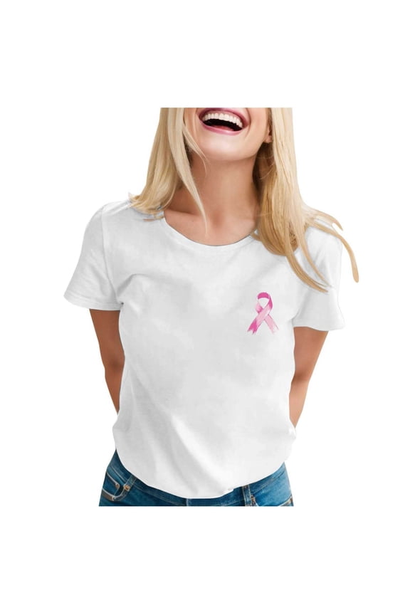 Women's Casual T Shirts With Cancer Awareness Print Round Neck Short Sleeve Top For Everyday Wear In Spring And Summer Technical Shirts Women Opaque Shirts for Women Workout Tees(White,XL)