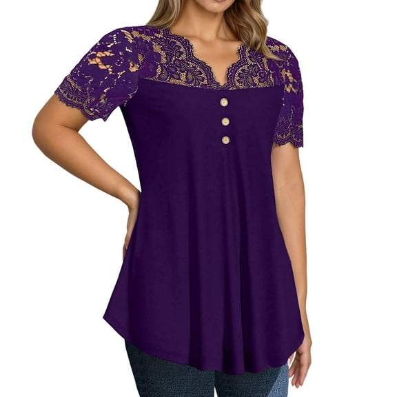 Razzly Women's Casual V Neck Short Sleeve Blouse Summer Lace Trimmed T Shirt Flowy Comfort Top For Spring And Everyday Wear Striped Womens Shirt Women Solid Tee Women's T Shirts(Dark Purple,2XL)