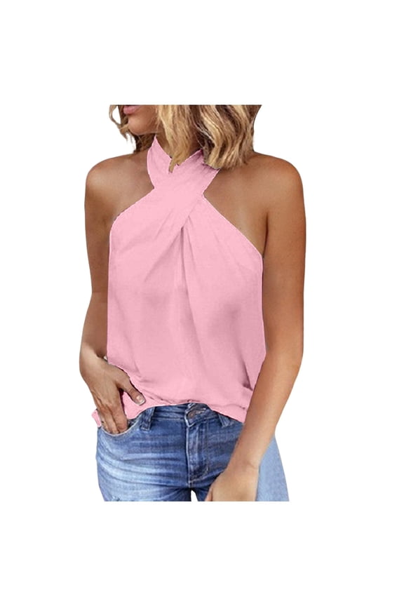 Women's Fashion Solid Color Sleeveless Halterneck Vest Top for Women - Casual Wear for Summer and Night Out Versatile Stylish Design(Pink,S)