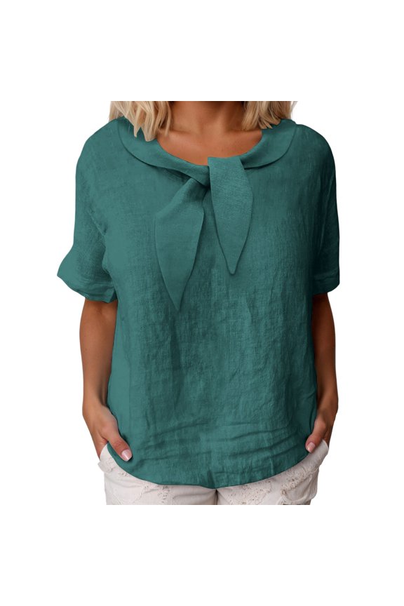 Women's Linen Short Sleeve T Shirt Casual Comfortable Solid Color Blouse Top For Daily Wear Shirts for Women Long Sleeved Shirts Womens Tech Shirt Casual Women's Tops Exercise Shirts(Green,S)