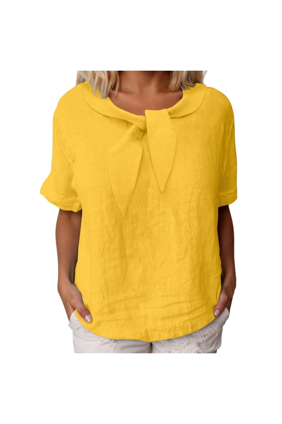 Women's Linen Short Sleeve T Shirt Casual Comfortable Solid Color Blouse Top For Daily Wear Shirts for Women Long Sleeved Shirts Womens Tech Shirt Casual Women's Tops Exercise Shirts(Yellow,L)