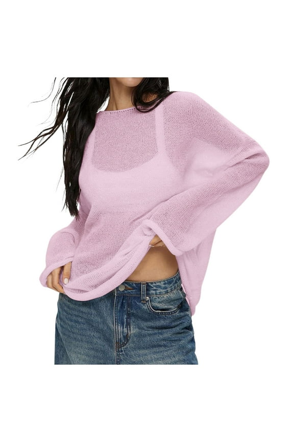 Women's Pullover Sweater Women Oversized Long Sleeve Sheer Mesh Knit Sweater Tops Summer Loose Hollow Out Pullover Shirt Beach(Pink,S)