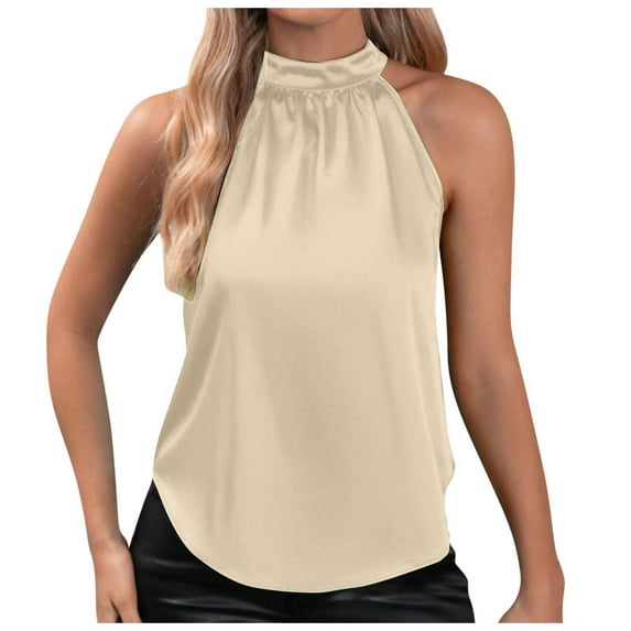 Razzly Women's Silk Satin Neck Tank Top Casual Sleeveless Blouse with Curved Hem Lightweight Dressy Summer Top(Beige,S)