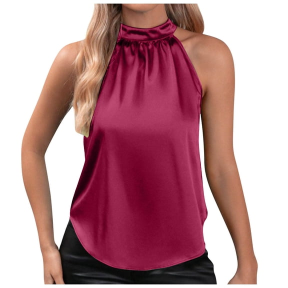 Razzly Women's Silk Satin Neck Tank Top Casual Sleeveless Blouse with Curved Hem Lightweight Dressy Summer Top(Watermelon Red,XL)