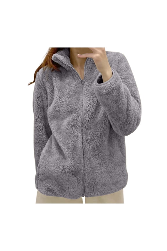 Women's Solid Color Jacket Collar Zip Up Cozy Outerwear Flannel Jackets for Women Zip up Jackets for Women Casual Zipper Sweaters for Women No Hood Purdue Jacket Maternity plus Size(Grey,L)