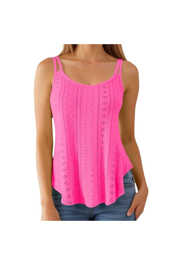 Women's Strappy Tank Top Round Neck Jacquard Sleeveless Layering Camisole for Daily Wear Versatile Basic for Every Occasion(Hot Pink,XL)