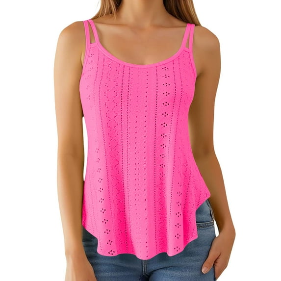 Razzly Women's Strappy Tank Top Round Neck Jacquard Sleeveless Layering Camisole for Daily Wear Versatile Basic for Every Occasion(Hot Pink,XXL)