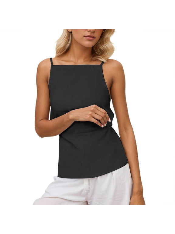 Women's Summer Casual Backless Tie Front Crop Tank Top Sleeveless Vest For Outfits(Black,L)
