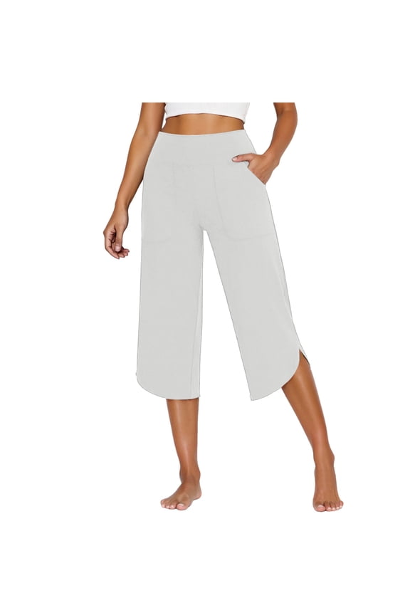 Women's Summer Wide Leg Capri Pants High Waisted Yoga Workout Casual Loose Stretch Cropped Trousers with Pockets Comfortable Lightweight Split Hem Design(White,M)
