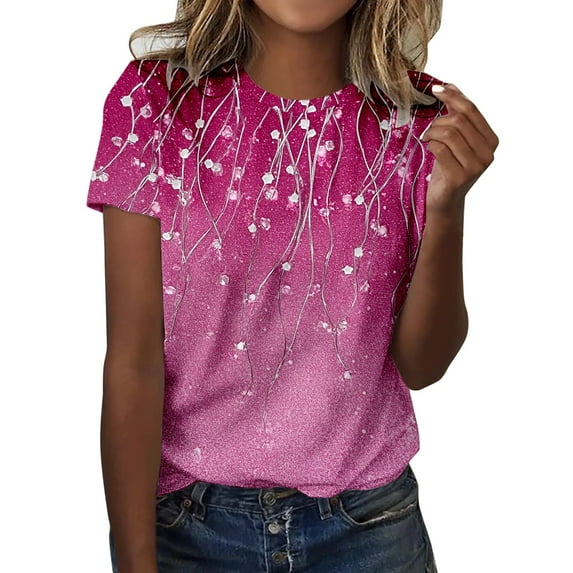 Razzly Women's T-Shirts Fashion Print Casual Point Sleeve Crew Neck Top for Everyday Wear(Hot Pink,2XL)