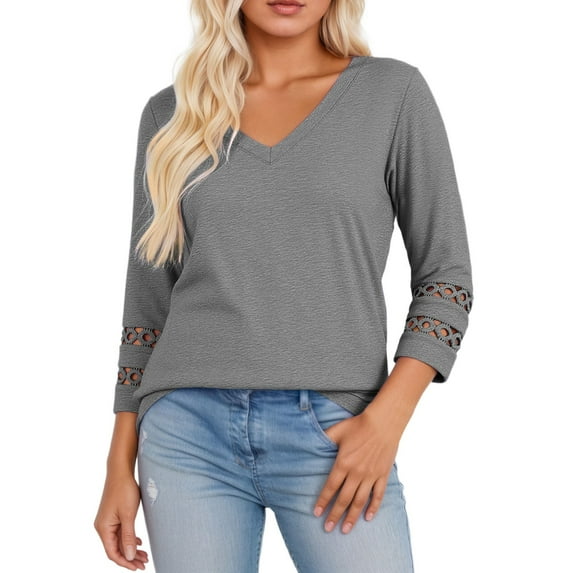 Razzly Women's T-Shirts Loose V Neck Blouse Three Quarter Sleeve Casual Top for Daily Wear Comfortable and Breathable Style(Grey,XXL)