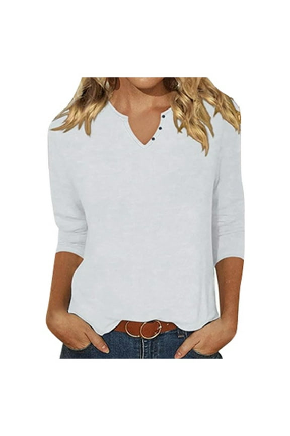 Women's T-Shirts Solid Color Fashion Casual Button Quarter Sleeve Short Top for Everyday Style(White,M)