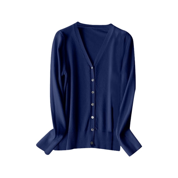 Razzly Women's V Neck Knitted Cardigan Sweater Long Sleeve Fashion Lightweight Layering Top for Spring and Autumn (Dark Blue,L)