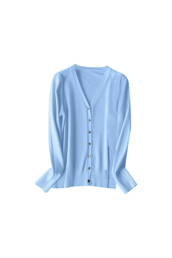 Women's V Neck Knitted Cardigan Sweater Long Sleeve Spring Autumn Fashion Lightweight Layering Top Misses Cardigan Sweater Womens Fall Cardigan Sweaters Womens Button down Cardigan(Sky Blue,M)