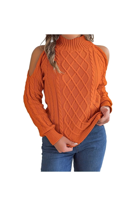 Womens Cold Shoulder Turtleneck Sweaters Fall Winter Long Sleeve Soft Knit Pullovers Tops(Orange,M)