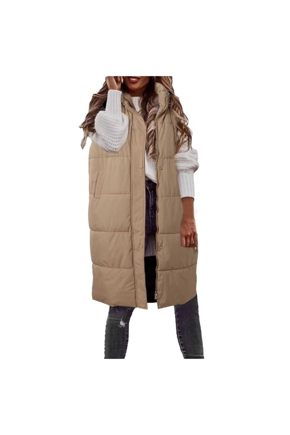 Womens Winter Sleeveless Coat Vest Long Hoodie Warm Down Coat with Pockets Quilted Outdoor Jacket(Khaki,M)