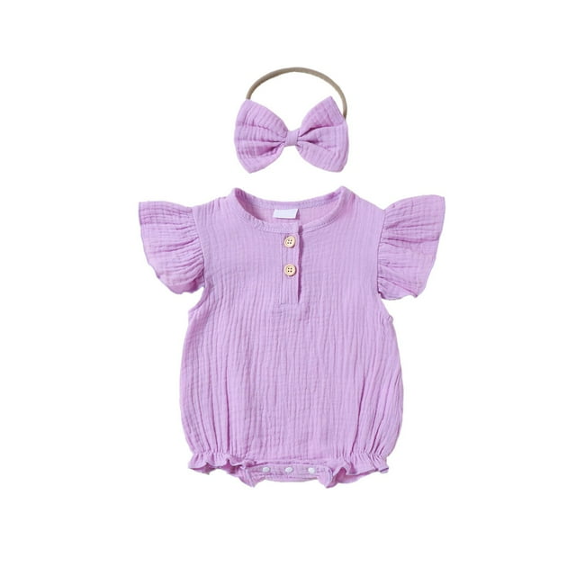 RbCulf Newborn Bodysuit with Hairband Summer Baby Girl Clothes Lightweight Breathable Romper Cute Flutter Sleeve Bubble Jumpsuit One Piece Clothing
