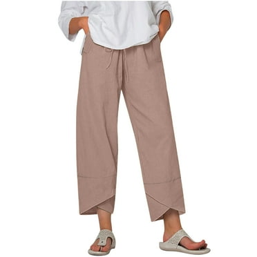 RbCulf Women's Capri Pants Cotton Linen Cropped Tulip Pants Wide Leg Elastic Waist Summer Harem Pants Casual Ankle Length Capris