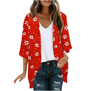 RbCulf Women’s Cardigan Lightweight Floral Print Open Front Kimono 3/4 Sleeve Shrugs Sheer Casual Cover ups Soft Travel Wear